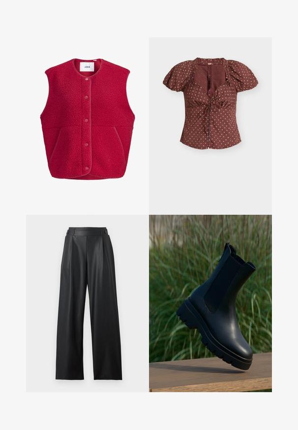 Rood mouwloos fleecevestje met drukknopen voor en twee zijzakken, met een ronde halslijn en gestructureerde stof.; Bordeauxrode blouse met pofmouwen en een strik aan de voorkant, voorzien van gouden bloemenpatronen, knoopdetails en een textuurstof.; Zwarte wijde nepleren broek met hoge taille, knoopdetails op de tailleband en plooien aan de voorkant.; Zwarte leren enkellaarsjes met een strak ontwerp, een ronde neus, elastische zijpanelen en stevige, getextureerde rubberen zolen.