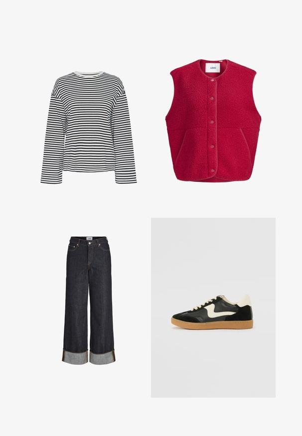 Gilet polaire rouge sans manches avec boutons-pression à l'avant et deux poches latérales, doté d'un col rond et d'un tissu texturé.; Chemise à manches longues rayée noir et blanc avec un col rond. Tissu doux, coupe décontractée et accents de col contrastants.; Jean large bleu foncé avec ourlets retroussés, cinq poches et surpiqûres contrastantes jaunes.; Baskets en daim et cuir noir avec un swoosh latéral crème et un talon crème clair. Dotées de lacets beige et d'une semelle en caoutchouc gomme.