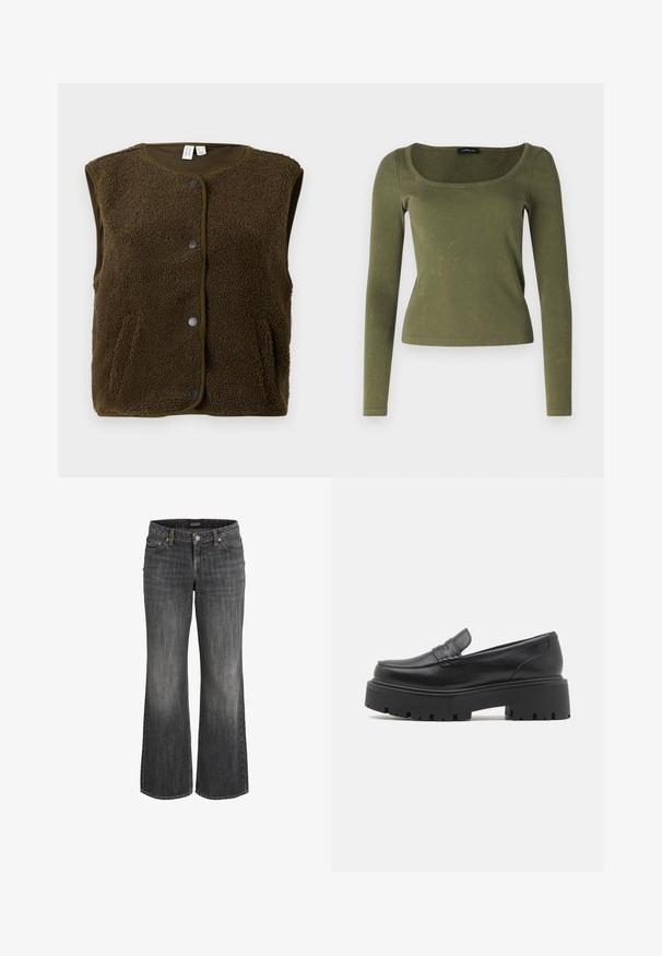 Gilet sans manches marron en polaire texturée, avec un col rond, une fermeture à pression et des poches latérales.; Haut à manches longues vert olive en tissu côtelé, présentant un décolleté carré et une coupe ajustée. Texture distinctive avec des motifs subtils.; Jeans en denim noir délavé à coupe droite, avec bouton frontal, passants pour ceinture, et design à cinq poches.; Mocassins en cuir noir avec une semelle en caoutchouc épaisse et basse, des détails cousus sur le dessus et une texture lisse.