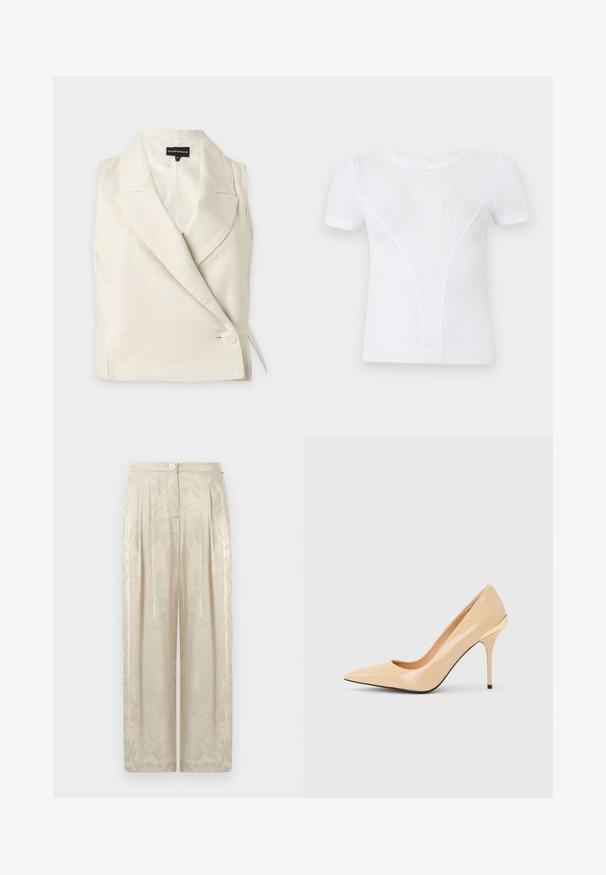 Blazer sans manches de couleur crème avec revers et fermeture par un seul bouton, soigneusement plié sur fond blanc.; T-shirt blanc en maille côtelée à manches courtes avec un col rond et des détails subtils de coutures courbes à l'avant.; Pantalon beige taille haute à jambes larges avec un motif floral subtil, fermeture avant par boutons et détails plissés.; Escarpin à talon haut en cuir verni beige avec bout pointu et talon aiguille fin, orné d'un petit accent doré à l'arrière.