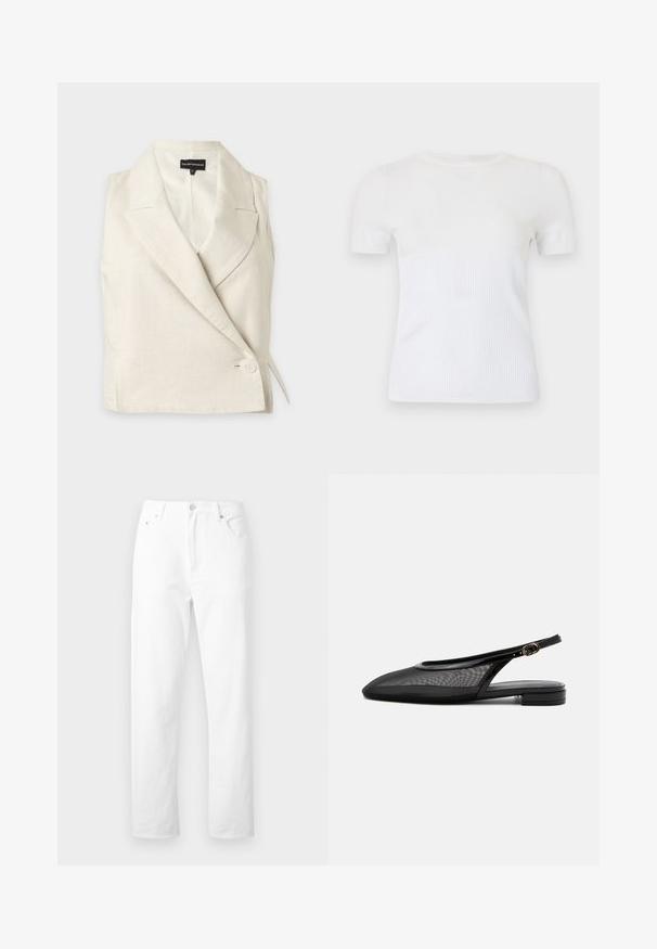 Blazer sans manches de couleur crème avec revers et fermeture par un seul bouton, soigneusement plié sur fond blanc.; T-shirt blanc à manches courtes en matière tricotée côtelée. Présente un col rond et une silhouette ajustée. Texture lisse sur toute la surface.; Jean denim blanc à jambes droites avec poches avant, passants pour ceinture et fermeture par bouton, présenté sur un fond blanc uni.; Chaussure plate noire à bride arrière, bout pointu, tige en mesh, bride à boucle réglable et petit talon empilé sur fond blanc.