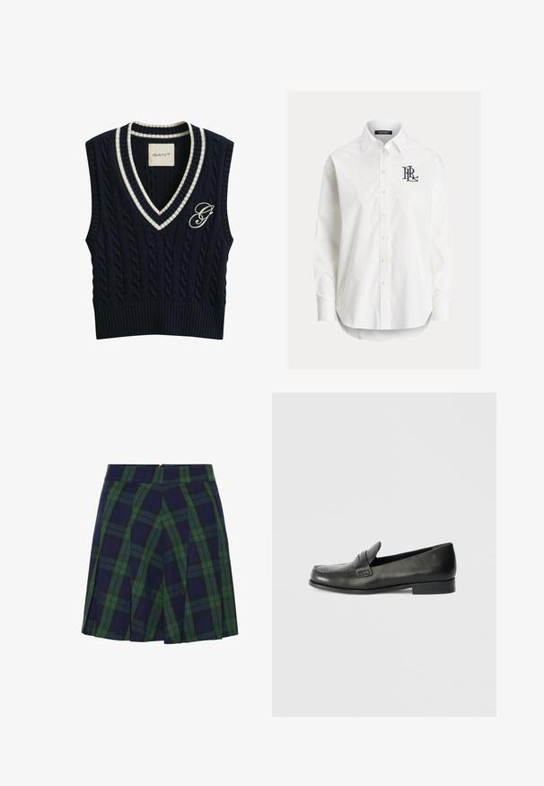 Gilet sans manches en tricot torsadé bleu marine avec encolure en V rayée blanche et logo "G" brodé sur le côté gauche de la poitrine.; Chemise blanche à manches longues boutonnée avec col pointu et logo noir brodé sur la poitrine gauche.; Jupe plissée bleu marine et verte avec un motif tartan et une fermeture éclair au dos.; Mocassins en cuir noir avec un bout arrondi, des détails de couture surélevés et un talon bas empilé. Texture lisse avec un éclat subtil.