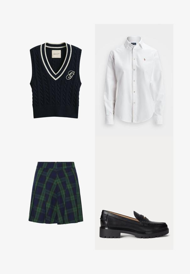 Gilet sans manches en tricot torsadé bleu marine avec encolure en V rayée blanche et logo "G" brodé sur le côté gauche de la poitrine.; Chemise blanche à manches longues en coton, dotée d'un col classique et d'un petit logo brodé sur la poitrine.; Jupe plissée bleu marine et verte avec un motif tartan et une fermeture éclair au dos.; Mocassin en cuir noir avec semelle épaisse à relief, talon bas et bride décorative sur le devant.