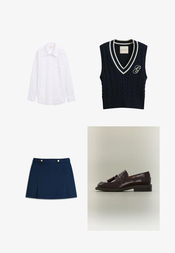 Gilet sans manches en tricot torsadé bleu marine avec encolure en V rayée blanche et logo "G" brodé sur le côté gauche de la poitrine.; Chemise blanche à manches longues en coton, dotée d'une fermeture à boutons, d'un col et d'une poche poitrine. Texture lisse et uniforme.; Mini-jupe plissée bleu marine avec deux boutons dorés sur la ceinture, présentée à plat sur un fond blanc.; Mocassin en cuir marron foncé avec pampilles, talon bas et semelle cousue, montré de profil sur un fond neutre.