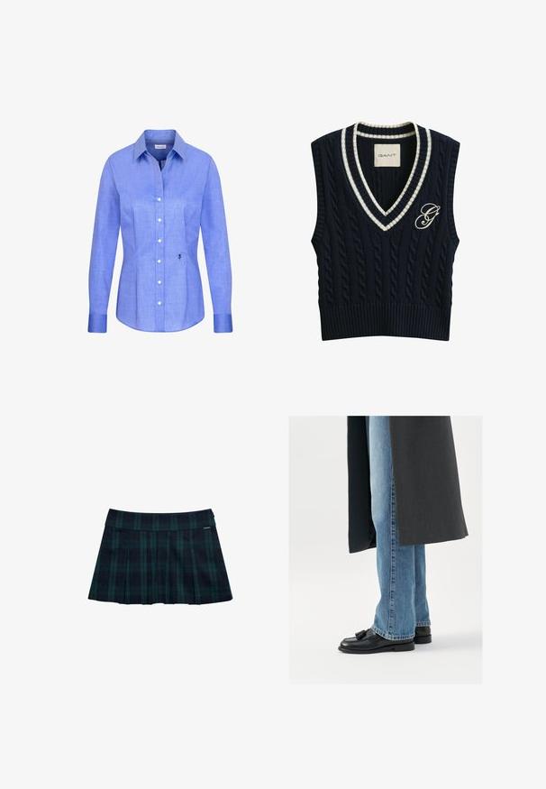 Marineblå kabelstrikket ærmeløs sweatervest med hvidstribet V-hals og broderet "G" logo på venstre bryst.; Lyseblå langærmet skjorte med knapper, spids krave og lille sort broderet rose nederst til højre foran.; Rynket nederdel med tern i mørkegrøn og marineblå med en glat talje og logo-accent. Har et klassisk, lagdelt rynkedesign.; Sorte læderloafer med kvaster, båret med lyseblå lige ben jeans, suppleres af en mørkegrå frakke. Rene linjer og struktureret stof.