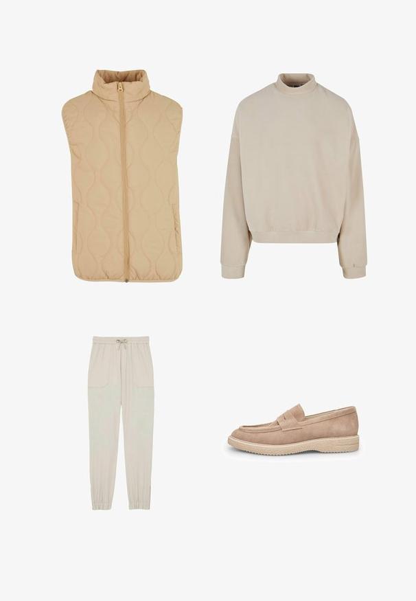 Beige quiltet ærmeløs vest med høj krave, der har en central lynlås og to sidelommer. Glat tekstur med bølget mønsterstikning.; Beige fleece sweatshirt med høj hals, løs pasform, drop-skulder og ribbede manchetter. Blød tekstur og simpelt design uden mønstre.; Lys beige joggerbukser lavet af blødt stof, med elastisk talje og snor, sidelommer og tapered ankler.; Lys beige ruskind loafer med rund tå, dekorativ vamprem og en struktureret gummisål for greb.