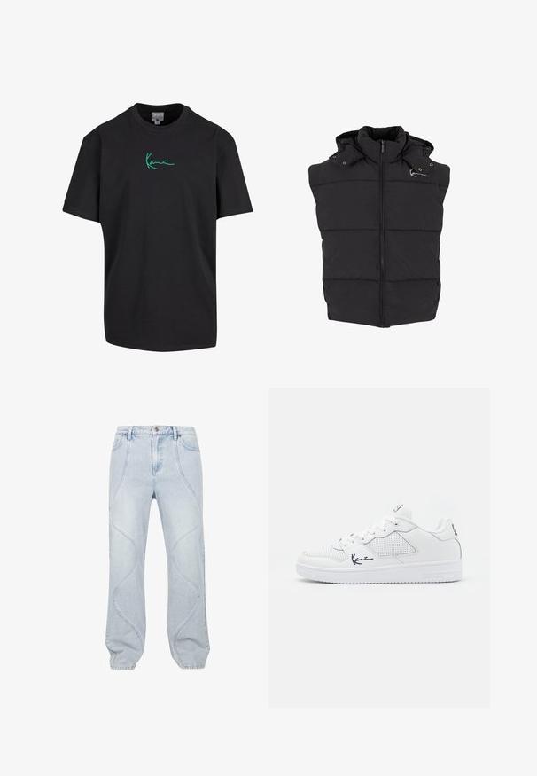 Gilet matelassé noir avec une fermeture éclair à l'avant, une capuche et des boutons-pression. Présentant une texture matelassée et un logo de la marque discret sur l'épaule.; T-shirt en coton noir à manches courtes et col rond. Présente un graphique signature vert "Kanye" sur le devant. Dos uni et coupe décontractée.; Jean en denim bleu clair avec des motifs de couture courbés, une fermeture à bouton et une coupe décontractée. Le tissu a une texture lisse avec une légère décoloration.; Baskets blanches en matériau synthétique avec des détails perforés, des lacets plats, une semelle texturée et un logo bleu marine sur le côté et le talon.