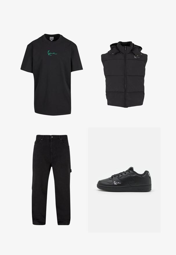 Sort puffervest med lynlås foran, hætte og trykknapper. Den har en quiltet tekstur og et diskret mærke-logo på skulderen.; Sort bomulds T-shirt med korte ærmer og rund hals. Har grøn "Kanye" signatur grafik foran. Ensfarvet bagpå og afslappet pasform.; Black, lige ben bukser lavet af bomuldsdenim. Har et klassisk fem-lomme design og sidestrapsdetalje på benet.; Sorte sneakers lavet af syntetisk materiale, med et perforeret design, flade snørebånd, en gummisål og hvide signaturdetaljer.