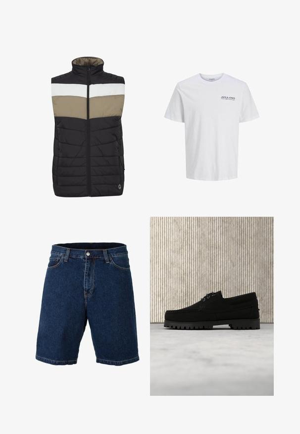 Must must vest, millebeige ja valgete horisontaalsete triipudega, kõrge kaelusega, esi tõmblukuga ja kahe küljetaskuga. Omab õmblustekstiuri.; Valge puuvillane T-särk, millel on lühikesed varrukad, ümmargune kaelus ja väike tume logo vasakul rinnal. Pehme tekstuur.; Tumed sinised teksajortsid sirge lõike, tavalise vöökoha ja metallnupuga kinnituse; eristub kontrastsetest kollastest õmblustest ja äärtest.; Mustad pitsidega king, millel on paks sooniline tald, hõljub beežil vaibal, taustal pehme valgusega ruumis pruun kaasaegne ümarlauaga laud.
