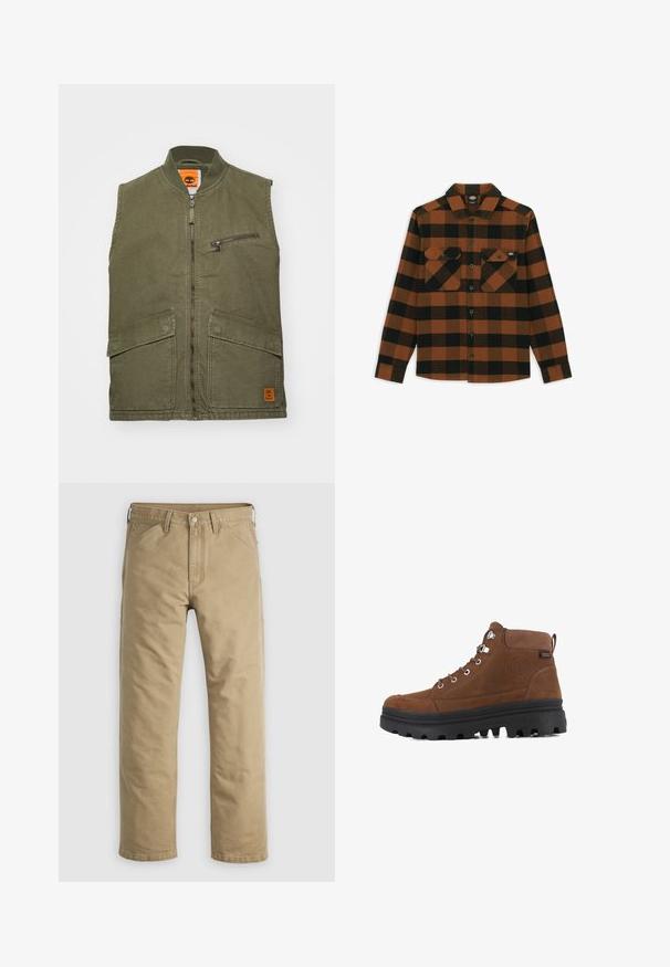 Gilet sans manches vert olive avec un col montant, fermeture éclair à l'avant, une poche poitrine avec fermeture éclair et deux grandes poches avant.; Chemise à manches longues en motif écossais orange et noir, fabriquée dans un tissu texturé. Comprend deux poches poitrine et une fermeture à boutons.; Pantalon en coton kaki avec un design à jambe droite, poches avant et fermeture par bouton. Texture lisse et coutures renforcées pour une durabilité accrue.; Bottines mi-hautes en daim marron avec œillets en métal, semelle en caoutchouc noir, accents texturés et logo embossé sur le côté.