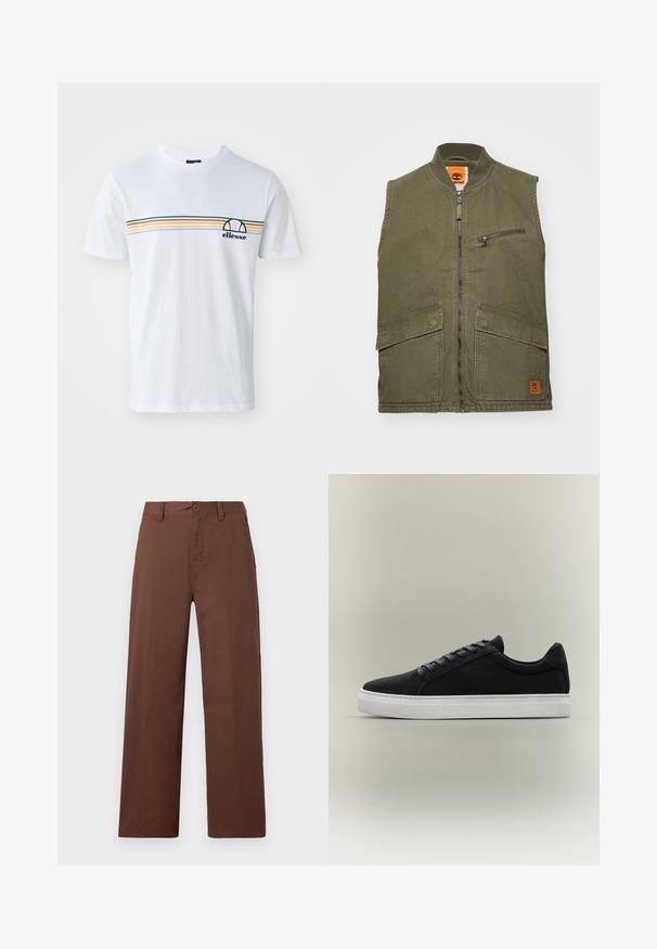 Olivgrünes ärmelloses Weste mit hohem Kragen, Frontreißverschluss, einer Brusttasche mit Reißverschluss und zwei großen Fronttaschen.; Weißes Baumwoll-T-Shirt mit kurzen Ärmeln, ausgestattet mit einem horizontalen Streifenmuster in Rot, Grün, Gelb und Blau sowie einem marineblauen Logo auf der Brust.; Braune weit geschnittene Hose aus glattem Baumwollstoff. Verfügt über einen Knopfverschluss, Gürtelschlaufen und zwei Fronttaschen.; Schwarzer Low-Top-Sneaker mit weißer Gummisohle, Schnürdesign und gepolstertem Kragen, dargestellt auf neutral grauem Hintergrund.