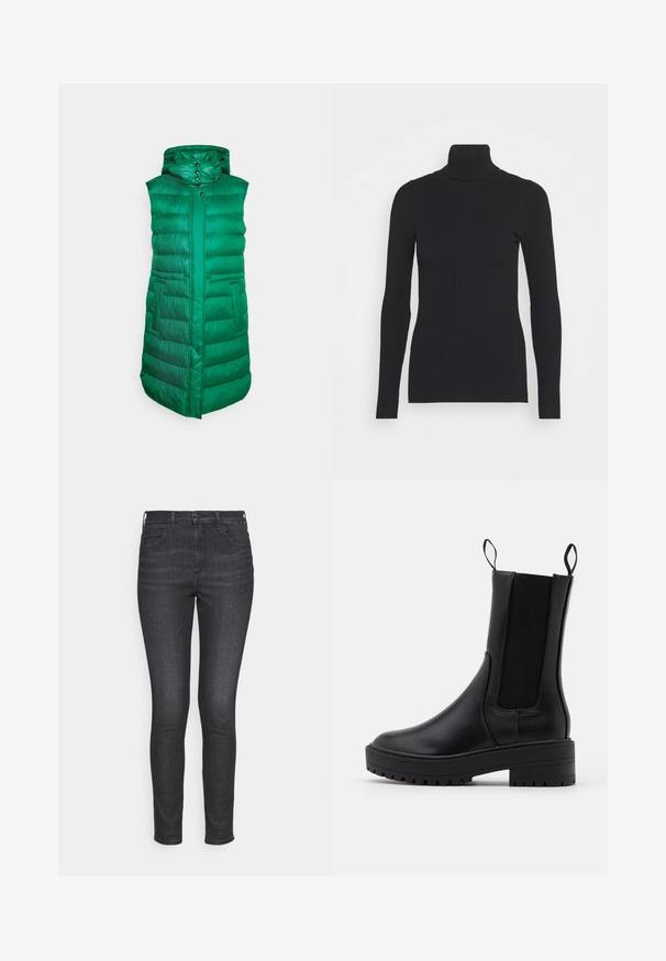 FUCHS SCHMITT THERMORE - Γιλέκο - emerald; Μαύρο ribbed ριχτό πουλόβερ, με μακριά μανίκια και στενή σιλουέτα. Η υφή είναι λείος με οριζόντιο ριπ σχέδιο.; Wrangler HIGH SKINNY - Jeans Skinny Fit - wicked; Μαύρη ankle boot με λεία δερμάτινη επιφάνεια, ελαστικές πλαϊνές ταινίες, τράβηγμα και παχιά, υφασμάτινη σόλα για επιπλέον πρόσφυση.