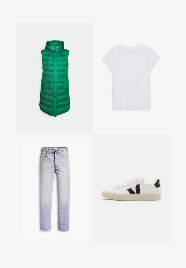 FUCHS SCHMITT THERMORE - Weste - emerald; Weißes kurzärmliges T-Shirt mit Rundhalsausschnitt, lockerer Passform, aus weichem Baumwollstoff. Glatte Textur, keine Muster oder Logos.; Helle blaue Denim-Jeans mit geradem Bein, ausgestattet mit einem Knopfverschluss, fünf Taschen und dezenten Ausbleichungen entlang der Beine.; Weißes Leder-Sneaker mit schwarzem Gummi-V-Logo. Strukturierte cremefarbene Sohle, weiße Schnürsenkel und Fersendetail in Schwarz mit dem Markennamen.
