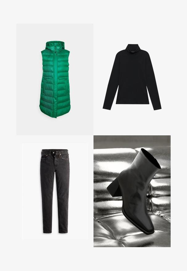 FUCHS SCHMITT THERMORE - Vest - emerald; Sort turtleneck med lange ærmer. Blødt stof, tætsiddende design, høj krave og sidesøm. Simpel og alsidig stil, der er velegnet til lag-på-lag.; Sorte denim jeans med lige ben, der har fem lommer, kobberhardware og en let slidte måde.; Sorte ankelstøvler lavet af glossy materiale med firkantet tå og spidse hæle, sat mod en skinnende sølv tuftet baggrund.