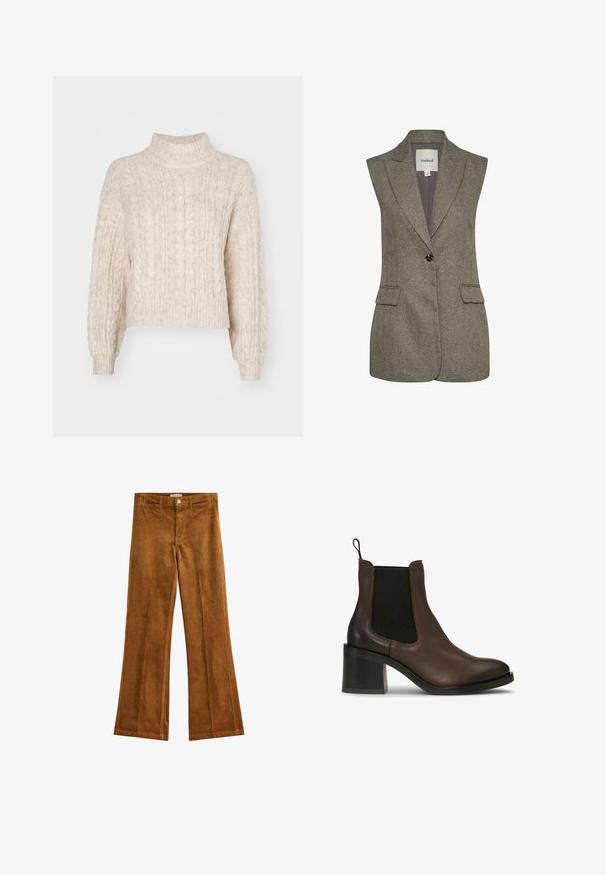 Ärmløs grå blazer med et struktureret mønster, enkelt knaplukning og to frontlommer. Foring indvendig med et klassisk kravedesign.; Cremefarvet cropped sweater med høj hals, der har et tekstureret kabelstrikket mønster og lange, let puffede ærmer.; Brune fløjl flared bukser med en tekstureret finish, fem lommer og knaplukning. Flad talje med bæltestropper og et bred ben design.; Brune læderankelstøvler med elastiske sidepaneler, en blokhæl, glat tekstur og en trække-flap for nem påtagning.