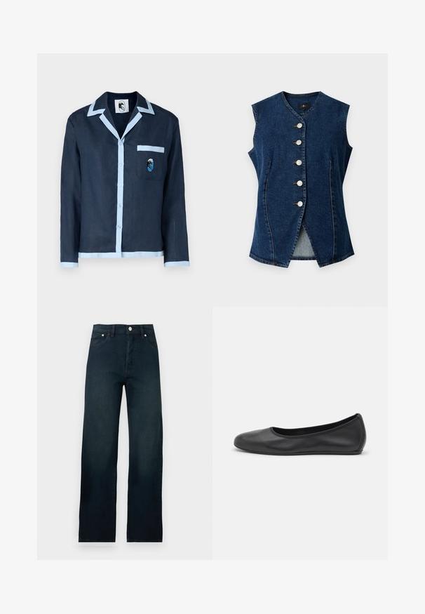 Mouwloos donkerblauw denimvestje met een V-hals, vijf witte knopen aan de voorkant en twee verticale zijzakken.; Marineblauwe linnen shirt met lichtblauwe kraag en zakafwerking. Beschikt over een borstzak met een geborduurd ontwerp. Knopen aan de voorkant.; Donkerblauwe spijkerbroeken met hoge taille en rechte pijpen, met voorste knoop en zakken, getoond tegen een eenvoudige witte achtergrond.; Zwarte leren ballerina met een ronde neus, gladde textuur, minimale stikdetails en een flexibele zoolontwerp.