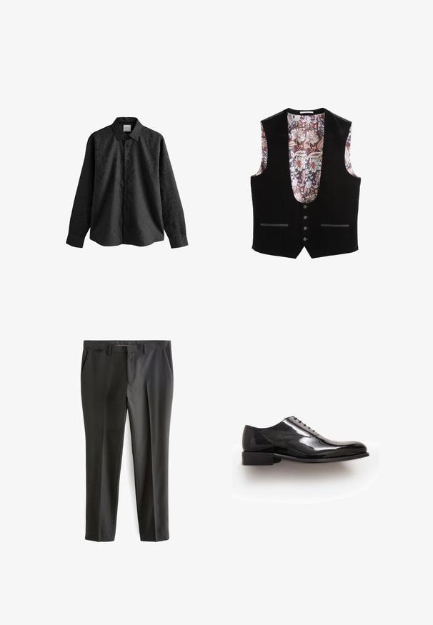 Gilet en velours noir avec quatre boutons sur le devant et deux poches fines, avec un col en V profond et une doublure intérieure à motif floral dans des tons roses et blancs.; Chemise noire à manches longues avec une texture subtilement imprimée, ouverture à boutons sur le devant et col. Le tissu semble lisse et léger.; Pantalons noirs ajustés en tissu lisse, coupe droite, poches latérales et passants de ceinture. Présente des plis marqués le long de la jambe.; Chaussure habillée noire avec une finition en cuir verni lisse et brillant. Dispose de six œillets pour les lacets et d'un petit talon empilé. Forme de pointe arrondie classique.