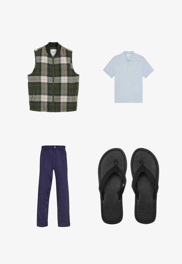 Chaleco sin mangas de hombre con cremallera, con un patrón a cuadros en verde, navy y crema, y cuello acanalado, que cuenta con bolsillos laterales.; Polo azul claro fabricado con tela suave, con cuello clásico, mangas cortas y un pequeño logo bordado en el pecho.; Pantalones de algodón azul marino con diseño de pierna recta, cinco bolsillos y cierre frontal con botón. Textura suave con un ligero brillo.; Chanclas negras hechas de material suave, con una tira estilo thong, planta texturizada y logo en relieve en la suela.