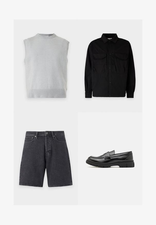 Lysegrå strikket ærmeløs sweatervest med ribbet rund halsudskæring og kant, vist på en ensfarvet baggrund.; Jack & Jones JCOHELVETICA PARACHUTE OVERSHIRT - Skjorter - black; Mørkegrå denimshorts med lige snit. Funktioner inkluderer to frontlommer, en baglomme og en metalknaplukning.; Sort læder loafersko med en bred rem over forfoden, gummisål med tykke mønstre og glat overflade. Klassisk, slankt design.