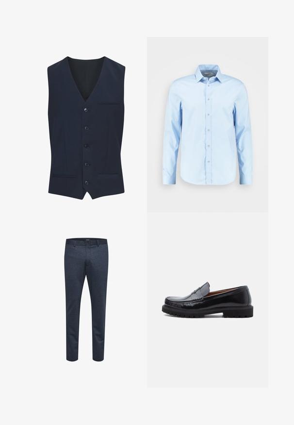 Gilet bleu marine en tissu lisse, avec un col en V, six boutons, deux poches avant et une poche poitrine unique.; Chemise boutonnière à manches longues bleu clair en tissu lisse, avec un col pointu, une patte de boutonnage à l'avant et un ourlet arrondi.; Pantalons bleu marine en tissu texturé avec une coupe slim, dotés d'une fermeture à bouton et de passants de ceinture, adaptés à un usage décontracté ou formel.; Mocassin penny en cuir noir avec semelle en caoutchouc épaisse et couture moc toe, montré de profil sur un fond blanc.