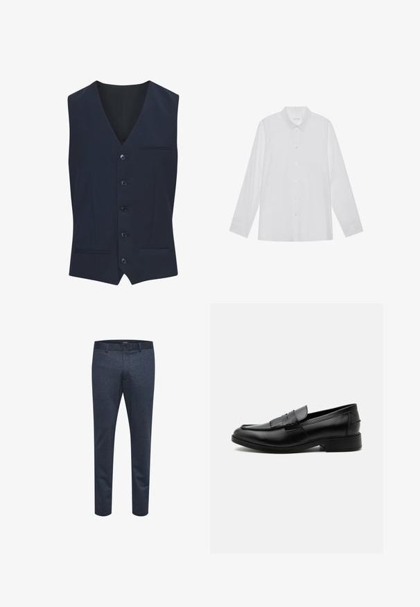 Donkerblauw hesje van gladde stof, met een V-hals, zes knopen, twee voorzakken en één borstzak.; Witte blouse met lange mouwen van soepel stof, met een puntige kraag, voorkant met knoopsluiting en manchetten met één knoop.; Marineblauwe broek van textuurstof met een slim fit, voorzien van een knoopsluiting en ceintuurlussen, geschikt voor zowel casual als formele gelegenheden.; Zwarte leren herensloffen met kwastdetail, afgeronde neus, lage hak en glad gepolijst oppervlak, zij-aanzicht op een witte achtergrond.