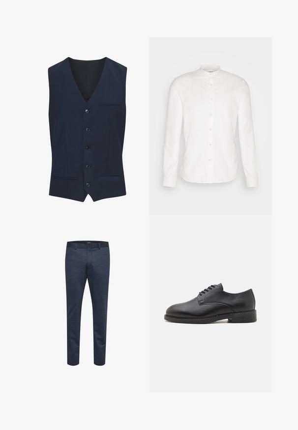 Donkerblauw hesje van gladde stof, met een V-hals, zes knopen, twee voorzakken en één borstzak.; Witte, langslijpende shirt met een Mandarin-kraag en een voorflap. Gemaakt van katoen, met een zachte textuur en knoopsluitingen.; Marineblauwe broek van textuurstof met een slim fit, voorzien van een knoopsluiting en ceintuurlussen, geschikt voor zowel casual als formele gelegenheden.; Zwarte lederen oxford schoen met een ronde neus, voorzien van een gladde afwerking, vijf-oog veter sluiting en een lage gestapelde hak.