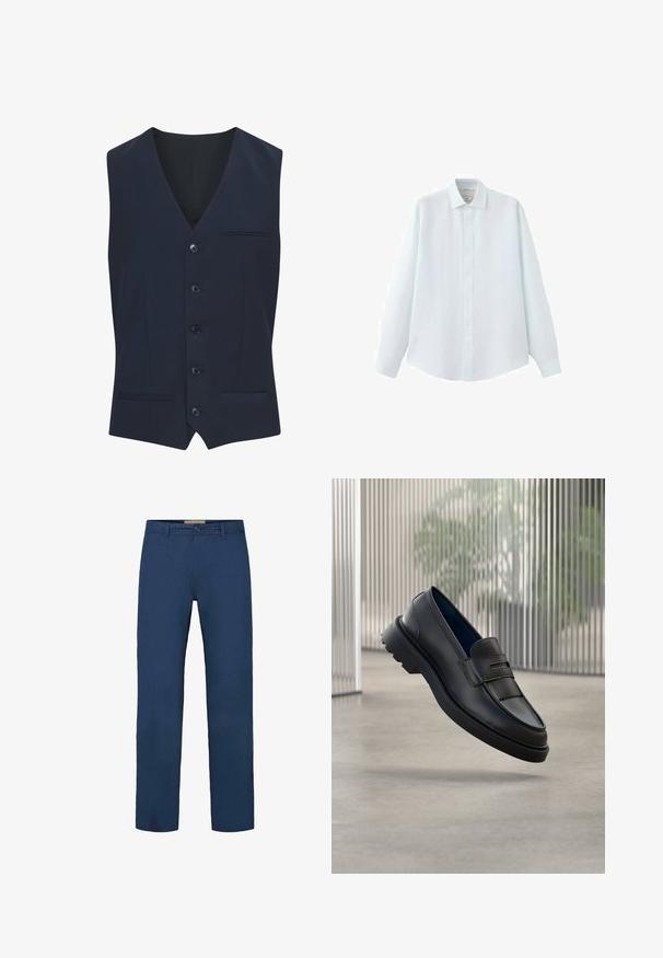 Gilet bleu marine en tissu lisse, avec un col en V, six boutons, deux poches avant et une poche poitrine unique.; Chemise blanche à manches longues avec col et poignets, boutonnée, présentée à plat sur un fond blanc.; Pantalon en coton bleu marine avec une coupe droite, doté d'une fermeture à boutons à l'avant et de poches latérales visibles. Texture lisse.; Mocassins noirs en cuir à finition lisse, avec une bride décorative et un panneau texturé à l'avant, ainsi qu'une semelle en caoutchouc texturée.