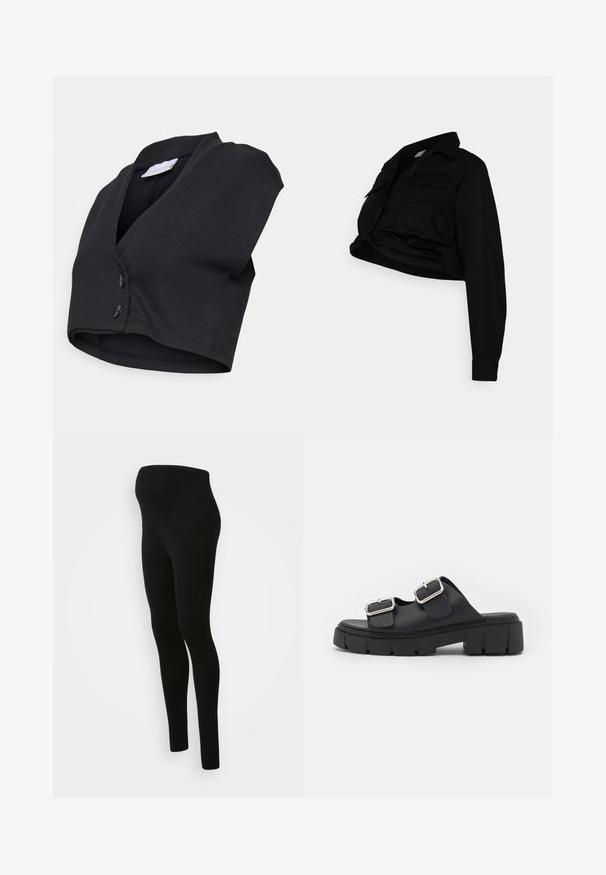 MAMALICIOUS MLLUNA CROPPED BLAZER VEST - Chaleco - black; MAMALICIOUS MLSHERIE CROP SHIRT - Blusa - black; Leggings de maternidad negros con una cinturilla alta y de soporte, textura suave, diseño ajustado y sin patrones ni adornos visibles.; mtng MARS - Mules de tacón - black
