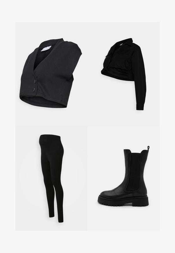 MAMALICIOUS MLLUNA CROPPED BLAZER VEST - Vest - black; MAMALICIOUS MLSHERIE CROP SHIRT - Bluse - black; Sorte graviditetsleggings med en høj, støttende talje, glat tekstur, tætsiddende design og ingen synlige mønstre eller udsmykninger.; Sorte ankelhøje støvler i glat læder med elastiske sidepaneler. Tykk gummisål med mønster og en tekstiltrækstrop bagpå.