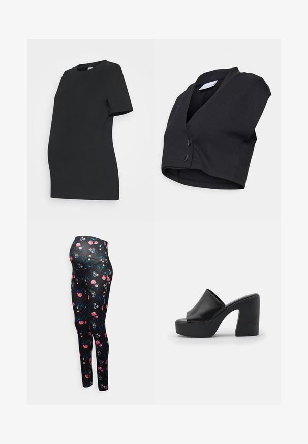 MAMALICIOUS MLLUNA CROPPED BLAZER VEST - Chaleco - black; Camiseta de maternidad negra hecha de algodón suave. Mangas cortas, cuello redondo y un diseño ajustado para acomodar una barriga en crecimiento.; Pieces Maternity PMHIMA - Leggings - black; Mules negros de tacón alto con parte superior de cuero suave y suela de plataforma gruesa, que cuentan con un diseño de punta abierta y tacón en bloque inclinado.