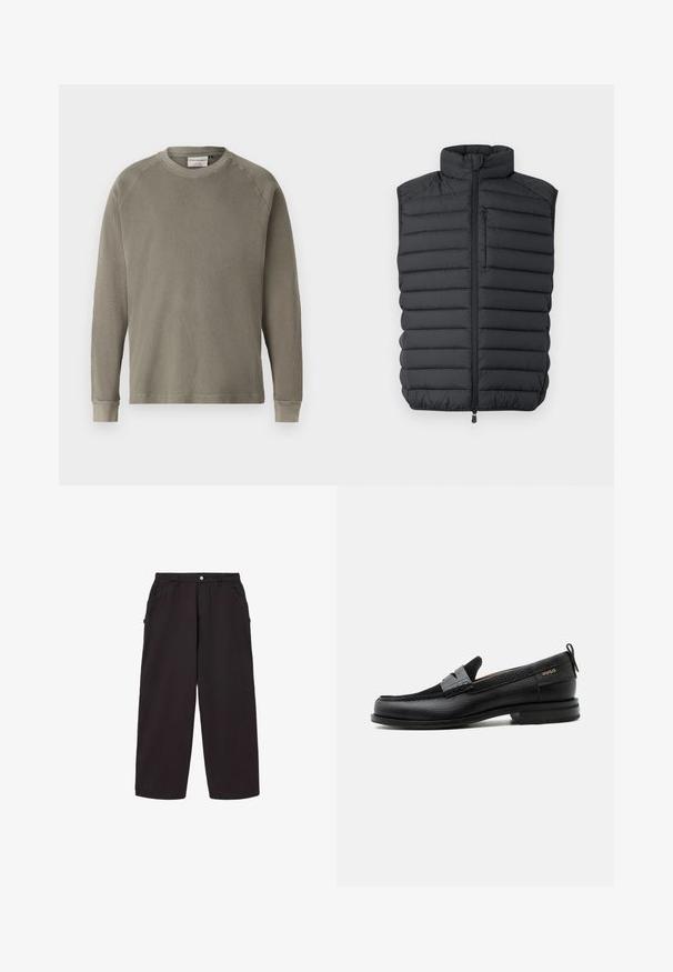 Gilet rembourré noir avec un col montant, fermeture éclair sur le devant et une poches poitrine. Présente des coutures horizontales pour un effet texturé et une meilleure isolation.; Sweat-shirt long vert avec une surface texturée et côtelée, col rond et manches à poignet. Présente des manches raglan pour plus de liberté de mouvement.; Pantalon noir à jambes larges avec poches avant, passants de ceinture et fermeture à bouton à la taille.; Mocassin en cuir noir avec détail de bride grise, talon bas et semelle texturée, marqué "HUGO" en or sur le côté.