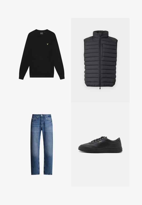 Zwarte gevoerde vest met een hoge kraag, voorkant met rits en een borstzak. Heeft horizontale stiksels voor textuur en isolatie.; Zwarte katoenen sweatshirt met lange mouwen en een ronde hals. Voorzien van een klein geel adelaarslogo op de borst. Zachte textuur.; Blauwe denim jeans met een rechte pasvorm, vijf zakken en een rits. Heeft een lichte vervaging en stiksel langs de naden.; Zwarte leren sneakers met een gladde textuur, ronde neus, platte rubberen zool en tonale veters. Kenmerkt zich door de gouden "BOSS" branding aan de zijkant.