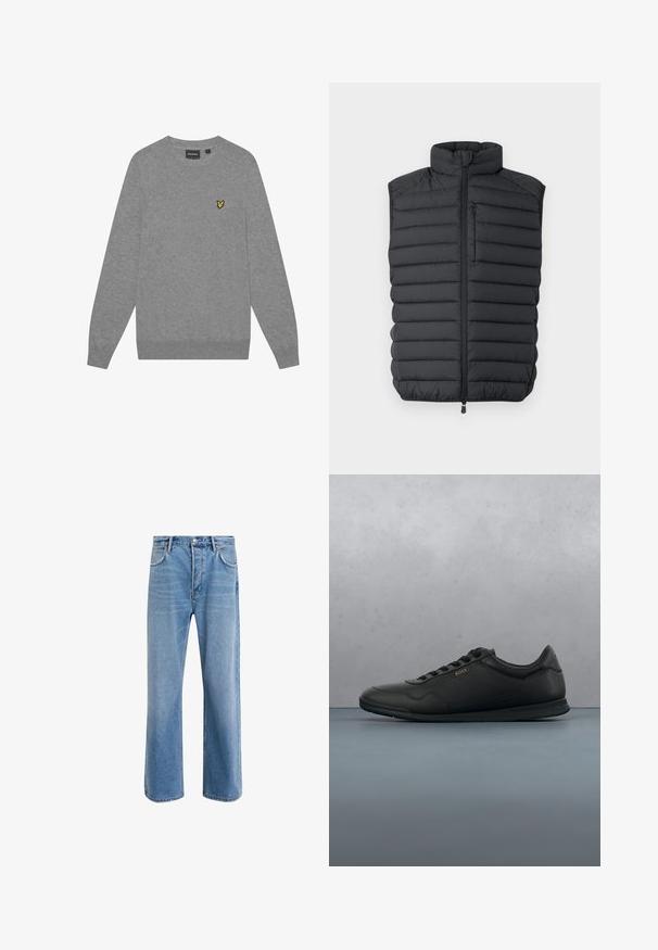 Sort polstret vest med høj krave, lynlås foran og en brystlomme. Har vandrette syninger for tekstur og isolering.; Grå sweater med lange ærmer, rund hals og ribbede manchetter. Har et lille gult broderet logo på venstre bryst. Lavet af blødt stof.; Lyseblå denim jeans med lige ben-design, fem lommer, knaplukning, minimal falming og kontraststingdetaljer.; Sort sneakers lavet af glat syntetisk materiale, med en struktureret detalje, flade snørebånd og en gummisål med et rillet mønster.