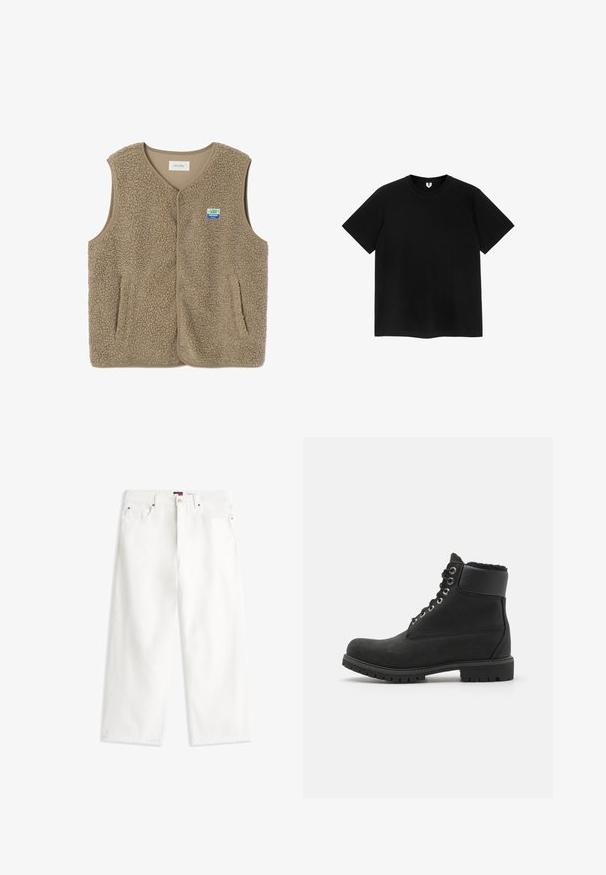 Beige ærmeløs fleecvest med trykknapper, to forlommer og et lille blåt og hvidt mærke på brystet.; Sort t-shirt med korte ærmer lavet af blødt bomuld, med rund hals, lige kant og uden synlige mønstre eller detaljer.; Hvide jeans med høj talje og vide ben, med frontknap og lynlås, fem lommer og et lille logomærke på linningen.; Sort ankelstøvle lavet af suede med en gummisål, der har metaløjer, snørebånd og en blød faux fur-krave rundt om toppen.