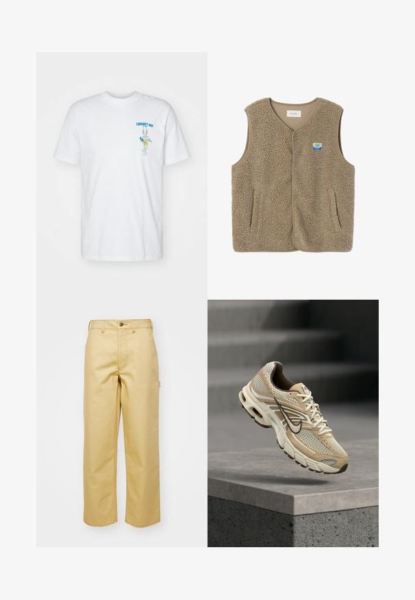 Beige ærmeløs fleecvest med trykknapper, to forlommer og et lille blåt og hvidt mærke på brystet.; Hvid bomulds t-shirt med et multicolor grafisk tryk af en tegneseriefigur på venstre bryst. Kortærmet, crew neck design.; Beige, vidde bukser lavet af bomuld med frontknaplukning, bæltestropper og sidelommer. Glat tekstur med synlige syninger.; Beige og hvid Nike løbesko med mesh paneler og sort swoosh, der svæver over en betonkant med slørede trapper i baggrunden.