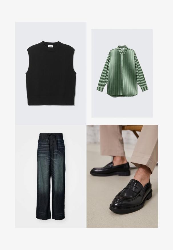 Gilet noir sans manches en tricot avec col rond côtelé, emmanchures et ourlet, posé à plat sur un fond gris clair.; Chemise à manches longues pour homme, à carreaux vert, blanc et marron, avec une poche poitrine à l'avant et un col boutonné.; Pantalons larges en denim foncé avec une décoloration graduelle. Dotés d'une taille élastique avec un cordon de serrage. Texture lisse avec des motifs d'usure subtils.; Mocassins en cuir noir avec une finition lisse, ornés d'une sangle décorative et de coutures contrastées, associés à un pantalon beige.