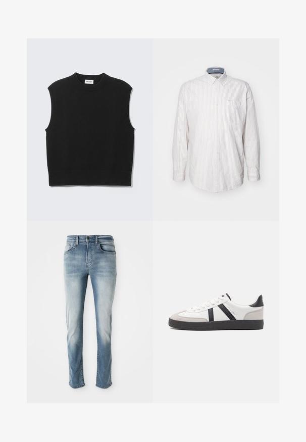 Gilet noir sans manches en tricot avec col rond côtelé, emmanchures et ourlet, posé à plat sur un fond gris clair.; Chemise à manches longues de couleur claire avec de fines rayures verticales. Présente un col boutonné et une poche poitrine. Fabriquée dans un tissu texturé.; Jeans en denim bleu clair avec un design classique à cinq poches, une décoloration subtile et une coupe droite. Comprend une fermeture à bouton et des passants de ceinture.; Baskets blanches avec des accents noirs et gris, présentant un embout texturé gris, une semelle en caoutchouc noir et des lacets plats blancs. Design épuré, style minimaliste.