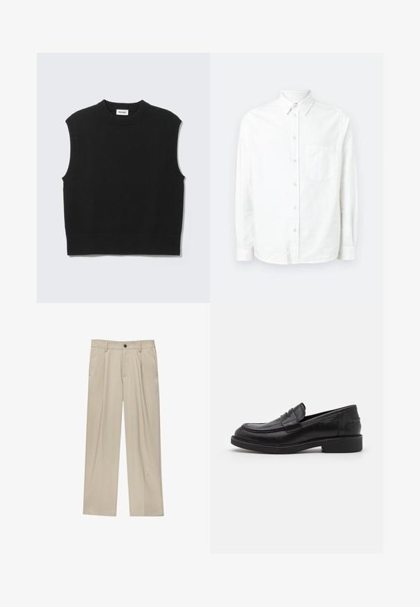 Gilet noir sans manches en tricot avec col rond côtelé, emmanchures et ourlet, posé à plat sur un fond gris clair.; Chemise blanche à manches longues avec boutons, en tissu léger. Présente une poche poitrine, un col classique et une texture subtile.; Pantalon beige coupe droite avec passants de ceinture, fermeture par bouton, poches avant et pli marqué sur chaque jambe.; Mocassins en cuir noir avec un bout arrondi, des coutures ton sur ton et un détail de sangle à l'avant. Semelle en caoutchouc avec un petit talon.