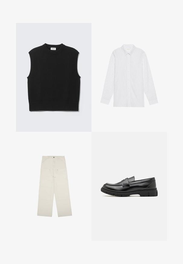 Gilet noir sans manches en tricot avec col rond côtelé, emmanchures et ourlet, posé à plat sur un fond gris clair.; Chemise blanche à boutons avec de fines rayures verticales noires, dotée d'un col classique et de manches longues avec des poignets à boutons.; Pantalons larges beige clair en coton, dotés de poches avant, d'une fermeture à un bouton et de détails de couture visibles.; Mocassin en cuir noir avec une large sangle sur le devant, semelle en caoutchouc à épaisse rainure, et texture lisse. Design classique et élégant.
