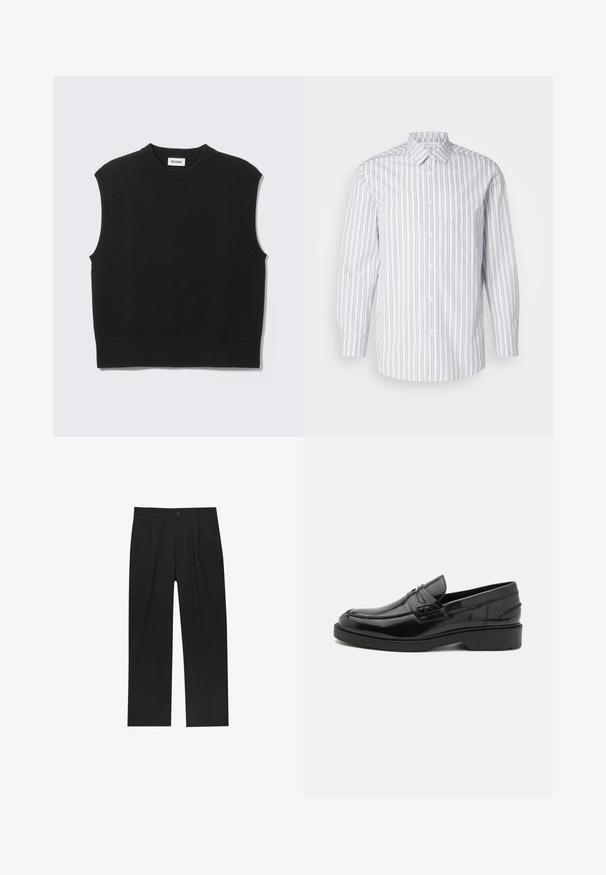 Gilet noir sans manches en tricot avec col rond côtelé, emmanchures et ourlet, posé à plat sur un fond gris clair.; Chemise à boutons rayée avec des rayures verticales grises et blanches, manches longues, un col et une poche poitrine. Texture de tissu lisse.; Pantalons noirs au design droit, fabriqués à partir d'un tissu lisse. Dotés de plis sur le devant et d'une fermeture à un bouton à la taille.; Mocassins en cuir noir avec une finition lisse, un bout rond, un petit talon et descoutures décoratives à l'avant. Semelle en caoutchouc pour l'adhérence.