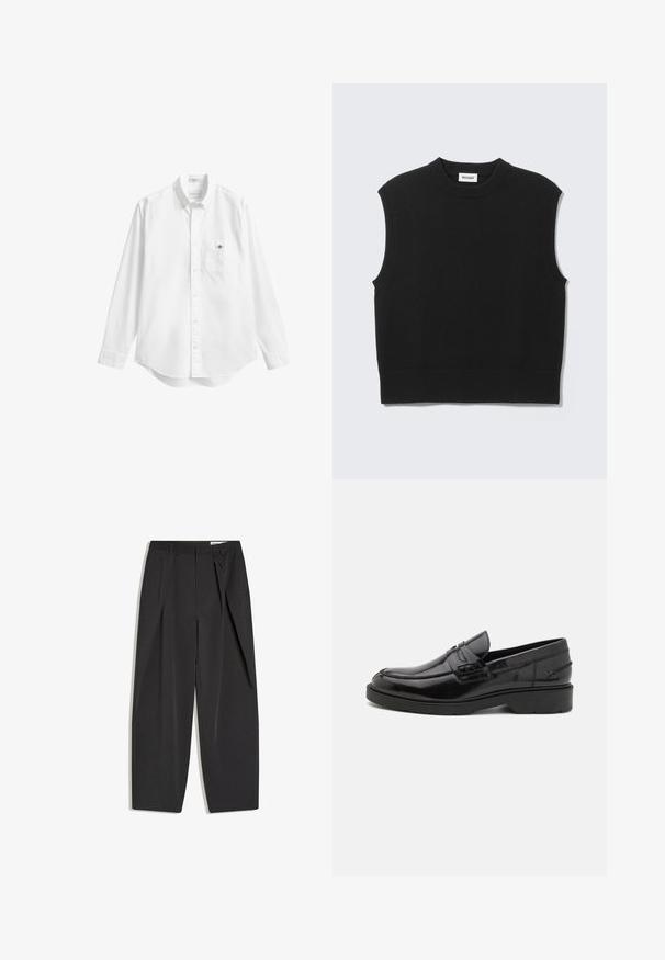 Gilet noir sans manches en tricot avec col rond côtelé, emmanchures et ourlet, posé à plat sur un fond gris clair.; Chemise blanche boutonnée, manches longues, tissu en coton doux, ourlet arrondi, poche poitrine unique, petit logo sur la poche, col classique.; Pantalon noir taille haute, coupé droit, avec pinces et passants de ceinture, présenté à plat sur un fond blanc.; Mocassins en cuir noir avec une finition lisse, un bout rond, un petit talon et descoutures décoratives à l'avant. Semelle en caoutchouc pour l'adhérence.