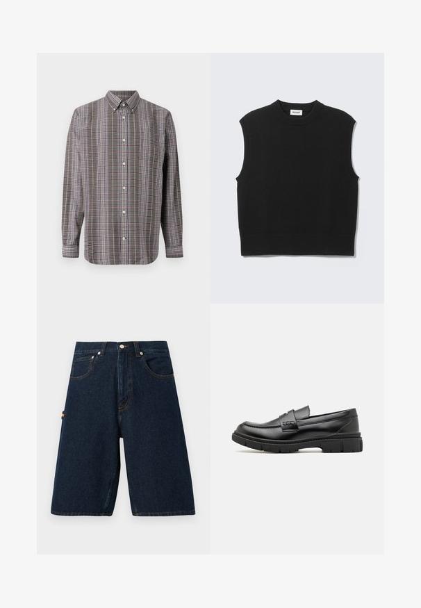 Gilet noir sans manches en tricot avec col rond côtelé, emmanchures et ourlet, posé à plat sur un fond gris clair.; Chemise à manches longues à boutons avec un motif écossais marron, blanc, bleu et violet, et une poche avant sur fond blanc.; Shorts en denim foncé avec une coupe ample, design à cinq poches et coutures orange contrastantes. Présente une fermeture classique à bouton et à glissière.; Mocassin en cuir noir avec une large sangle sur le devant, semelle en caoutchouc à épaisse rainure, et texture lisse. Design classique et élégant.