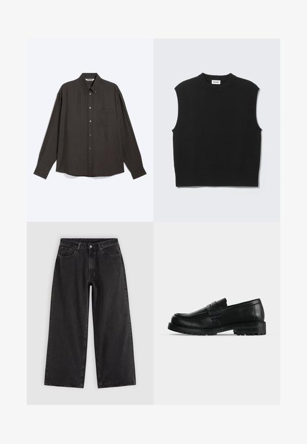 Black sleeveless knitted vest with ribbed crew neck, armholes, and hem, laid flat on a light gray background.; Dark grey long-sleeve button-up shirt with subtle vertical pinstripes, a front chest pocket, and a pointed collar, laid flat on a white background.; Black wide-leg denim jeans with front pockets, belt loops, and button closure, displayed on a plain light background.; Black leather loafer with a chunky sole and moc toe stitching shown from the side on a plain light background.