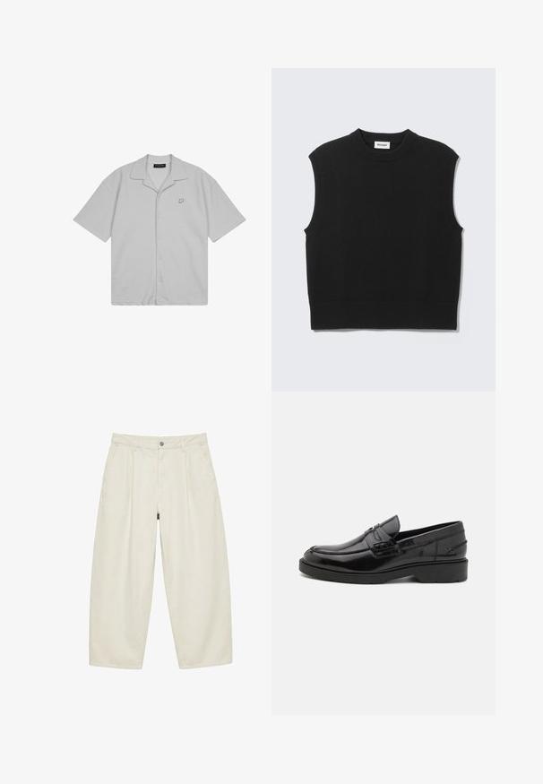 Gilet noir sans manches en tricot avec col rond côtelé, emmanchures et ourlet, posé à plat sur un fond gris clair.; Chemise gris clair à manches courtes avec boutons sur le devant, col ouvert et petit logo "P" sur la poitrine gauche.; Pantalon beige taille haute à coupe ample, avec passants de ceinture, bouton à l'avant, fermeture éclair et poches latérales, présenté à plat sur fond blanc.; Mocassins en cuir noir avec une finition lisse, un bout rond, un petit talon et descoutures décoratives à l'avant. Semelle en caoutchouc pour l'adhérence.