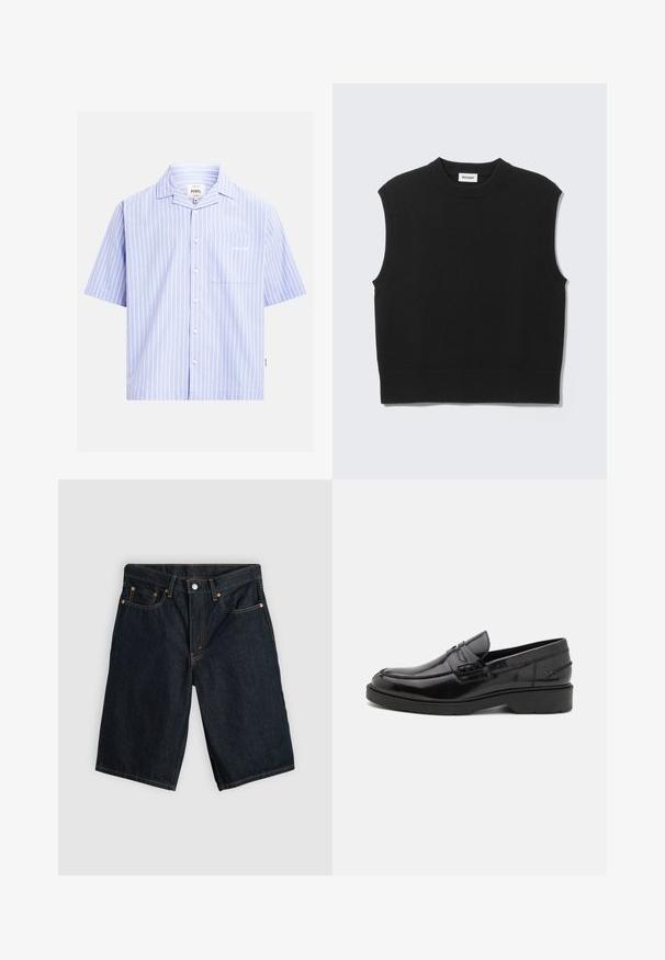 Gilet noir sans manches en tricot avec col rond côtelé, emmanchures et ourlet, posé à plat sur un fond gris clair.; Chemise à manches courtes bleu clair avec des rayures verticales blanches, une poche poitrine et un texte blanc discret.; Shorts en jean bleu foncé longueur genou avec bouton devant, fermeture éclair et cinq poches, posés à plat sur un fond gris clair.; Mocassins en cuir noir avec une finition lisse, un bout rond, un petit talon et descoutures décoratives à l'avant. Semelle en caoutchouc pour l'adhérence.