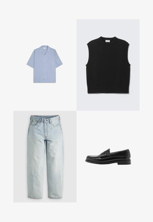 Gilet noir sans manches en tricot avec col rond côtelé, emmanchures et ourlet, posé à plat sur un fond gris clair.; Chemise bleu clair à manches courtes avec boutons, rayures verticales noires et poche poitrine, posée à plat sur fond blanc.; Jean en denim bleu clair avec une coupe droite, cinq poches et une fermeture à bouton; présente des zones décolorées et des détails de couture subtils.; Mocassin penny en cuir noir avec bout mocassin cousu, talon bas et finition lisse et polie, présenté de profil sur fond blanc.