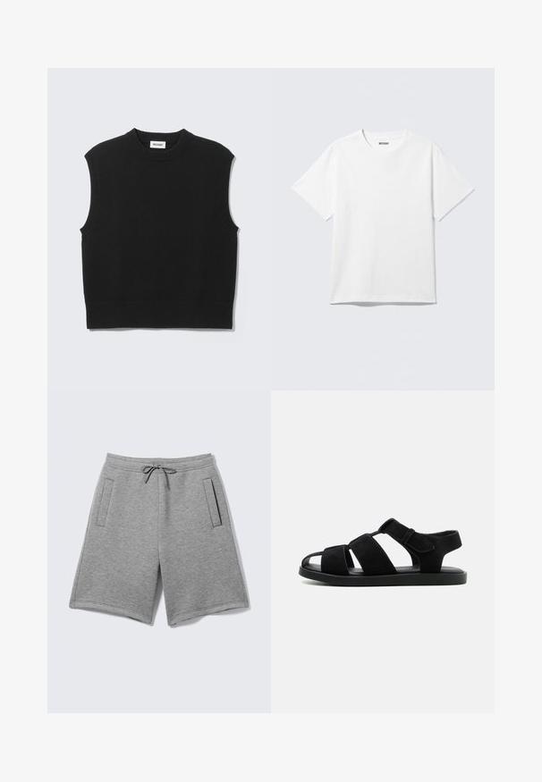 Gilet noir sans manches en tricot avec col rond côtelé, emmanchures et ourlet, posé à plat sur un fond gris clair.; T-shirt blanc à manches courtes et col rond, étalé à plat, design uni, avec l'étiquette "WEEKDAY" à l'intérieur du col sur un fond clair.; Shorts décontractés gris clair avec taille ajustable à cordon et deux poches latérales verticales sur fond uni.; Sandale plate noire avec trois larges brides et une bride de cheville en Velcro, bout ouvert, et semelle rembourrée sur un fond clair uni.