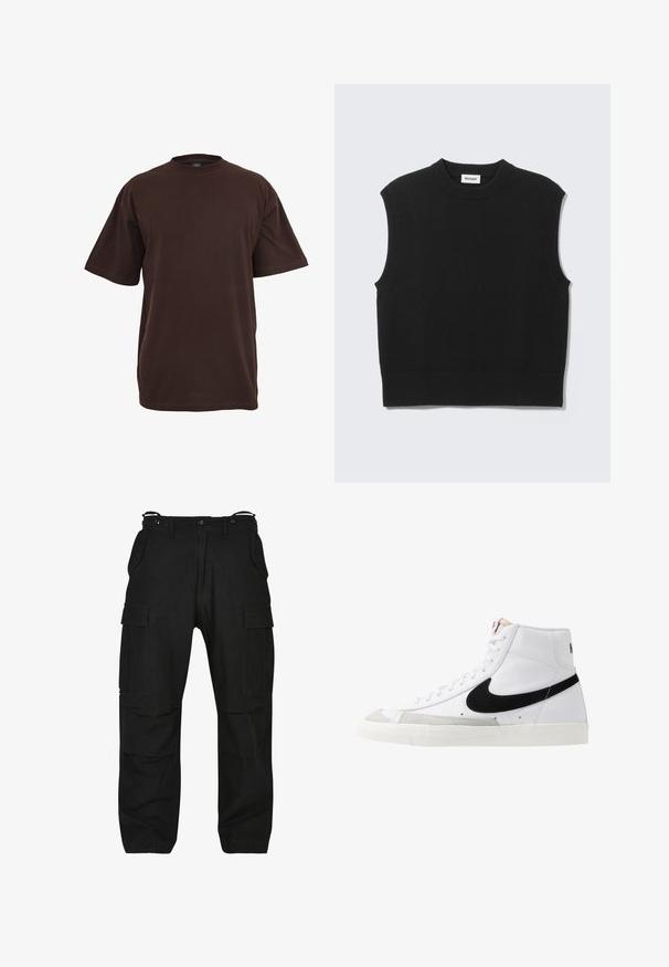 Schwarze, ärmellose Strickweste mit geripptem Rundhalsausschnitt, Armlöchern und Saum, flach auf einem hellgrauen Hintergrund ausgelegt.; Braunes Baumwoll-T-Shirt mit kurzen Ärmeln, Rundhalsausschnitt und lockerer Passform. Glatte Textur ohne sichtbare Muster oder Akzente.; Schwarze Cargo-Hosen aus robustem Material. Verfügt über mehrere Taschen, eine lockere Passform und einen Reißverschluss mit Knopfverschluss. Verstärkte Nähte an den Nähten.; Weiße High-Top-Sneaker mit einem schwarzen Swoosh, strukturiertem grauen Zehenkappeneinsatz und flacher weißer Sohle. Verfügt über sechs Ösen und genähte Akzente.