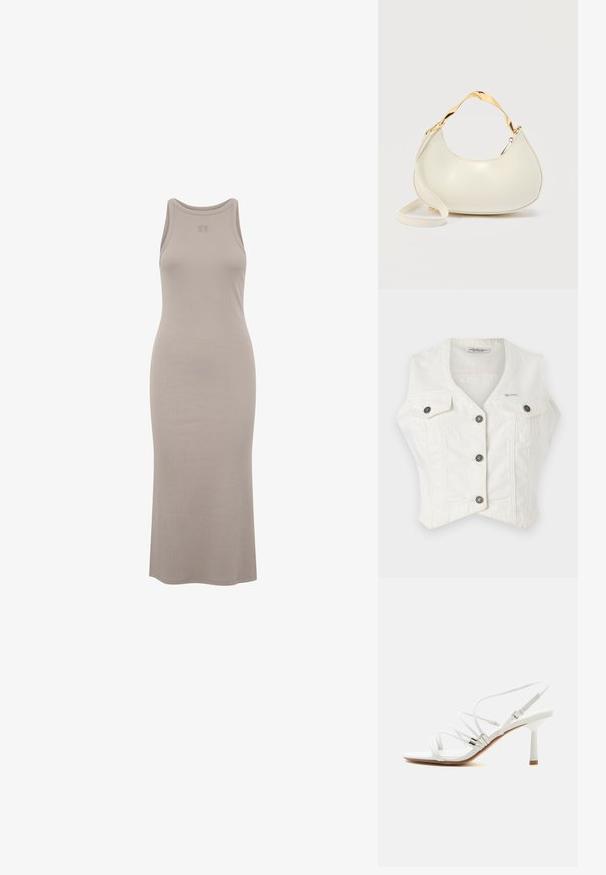 Hvid denim cropped vest med V-udskæring, fire lommer og sølvfarvede trykknapper. Har et tætsiddende design og diskret syninger.; Ärmløs midikjole i lys taupe, lavet af blød bomuldsblanding. Har en rund halsudskæring og en tætsiddende silhuet med diskret logo-detalje.; Hvid højhælet sandal med tynde stropper, sølvdetaljer, firkantet tå og en slank mellemhøj hæl på en ens hvid baggrund.; Kremfarvet håndtaske i halvmåneform med skinnende guld kort hank og matchende lang rem på en ensfarvet lys baggrund.