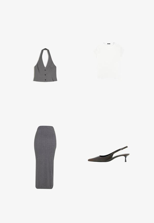 Haut dos nu à carreaux gris et noirs avec un décolleté en V profond et trois boutons noirs sur le devant, posé à plat sur un fond blanc.; T-shirt en coton blanc avec un col rond et des manches courtes. Design simple, sans motifs ni accents. Texture douce et lisse.; Jupe crayon grise en tissu texturé, avec une silhouette ajustée, taille haute et coupe à mi-mollet. Finition lisse sans détails visibles.; Chaussure slingback en cuir noir à bout pointu, petit talon kitten et petite bride réglable avec boucle.